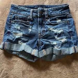 Aeropostale low rise midi distressed jeans denim shorts size 000 dark blue